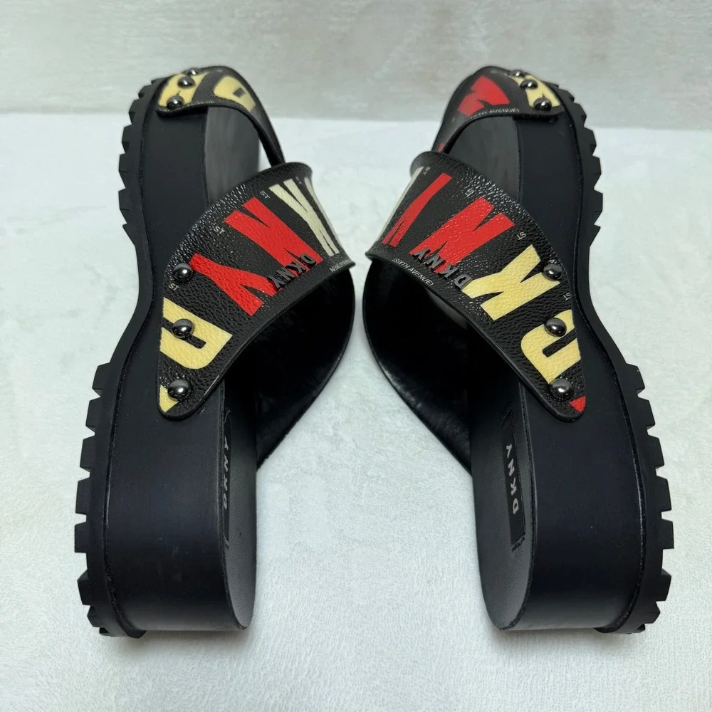 DKNY Womens Platform Slide Sandals Black Red White Crisscross Straps Studded